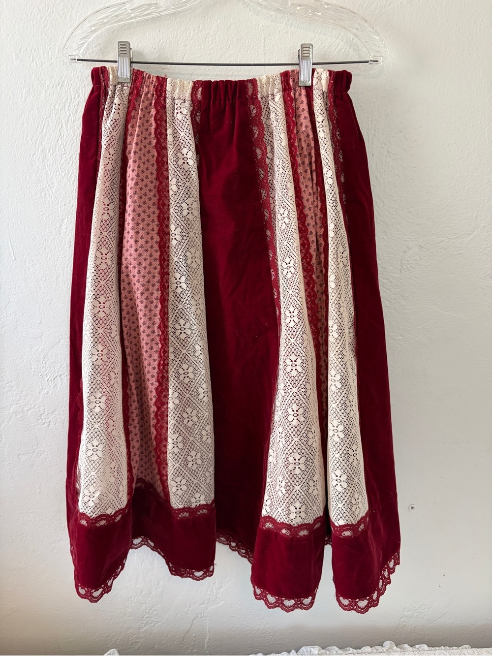 VTG 70s Carefree Fashions Red Velveteen Lace Patchwork Prairie Skirt